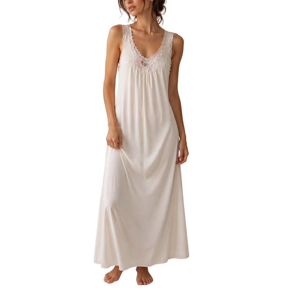 Vandemere Vintage 80s Cottage Chic Embroidered Floral Satin Maxi Slip Dress